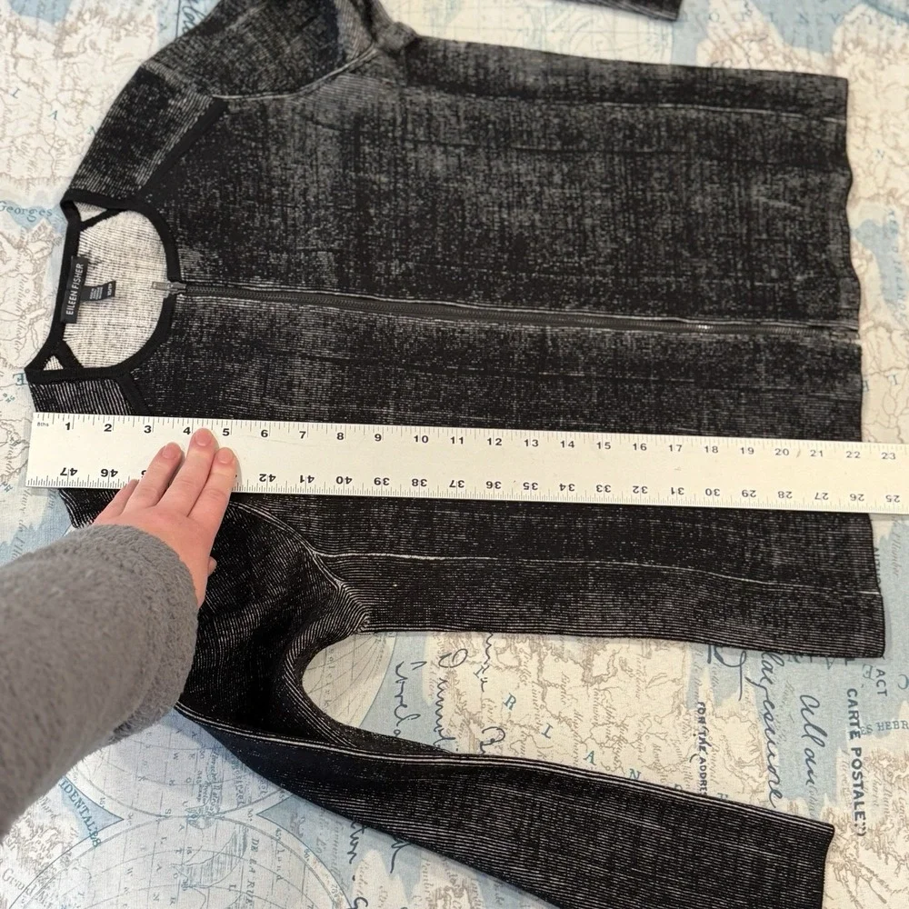 Eileen Fisher Black White Marled Knit Full Zip Collarless Jacket XS Professional